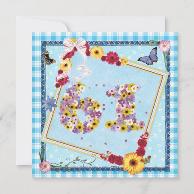 61st Birthday party Invitation flowers,butterflies (Front)