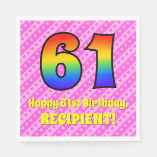 61st Birthday: Pink Stripes & Hearts, Rainbow # 61 Napkin