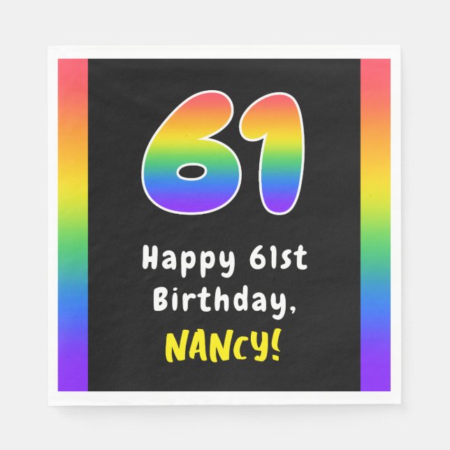 61st Birthday: Rainbow Spectrum # 61, Custom Name Napkin (Front)