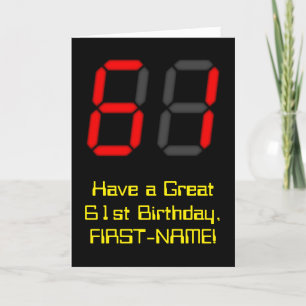 61st Birthday: Red Digital Clock Style "61" + Name Card