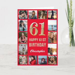 61st Happy Birthday Red and Gold Photo Collage Card