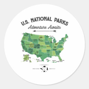 62 National Parks Map Us Park Vintage Camping Hiki Classic Round Sticker