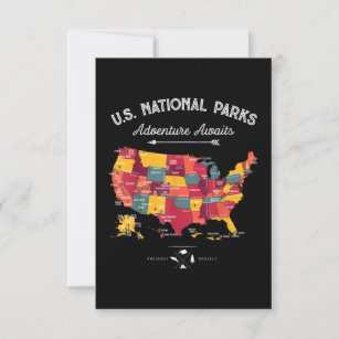 62 US National Parks Map Vintage Camping Hiking Invitation