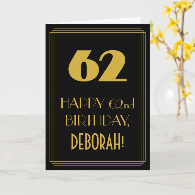 62nd Birthday – Art Deco Inspired Look "62" & Name Card (Yellow Flower)