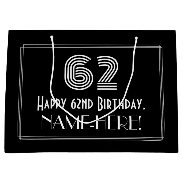 62nd Birthday — Art Deco Inspired Look "62" & Name Large Gift Bag (Front)