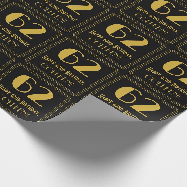 62nd Birthday ~ Art Deco Inspired Look "62", Name Wrapping Paper (Corner)