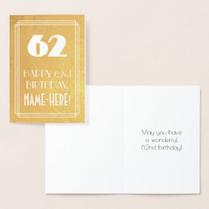 62nd Birthday ~ Art Deco Style "62" & Custom Name Foil Card