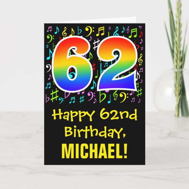 62nd Birthday: Colorful Music Symbols + Rainbow 62 Card (Front)