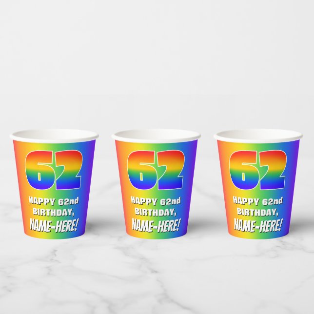 62nd Birthday: Colourful, Fun Rainbow Pattern # 62 Paper Cups (Multi)