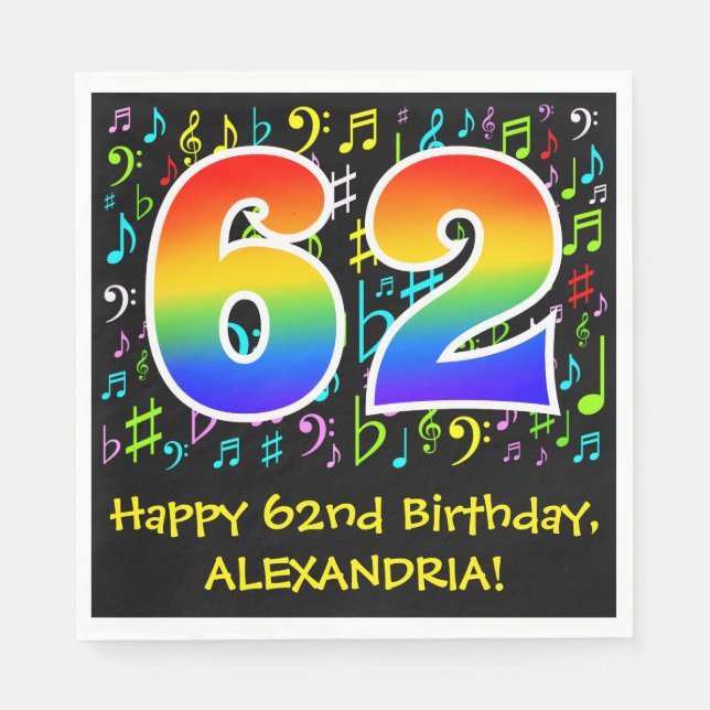 62nd Birthday - Colourful Music Symbols, Rainbow 6 Napkin (Front)