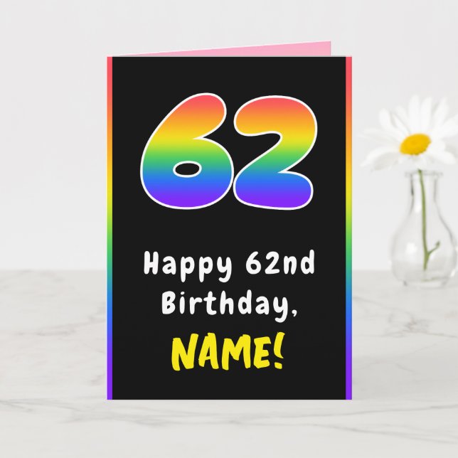 62nd Birthday: Colourful Rainbow # 62, Custom Name Card (Small Plant)