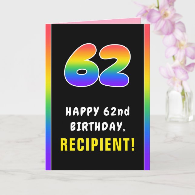 62nd Birthday: Colourful Rainbow # 62, Custom Name Card (Orchid)