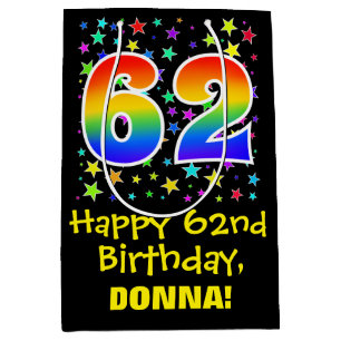 62nd Birthday: Colourful Stars Pattern & Rainbow 6 Medium Gift Bag
