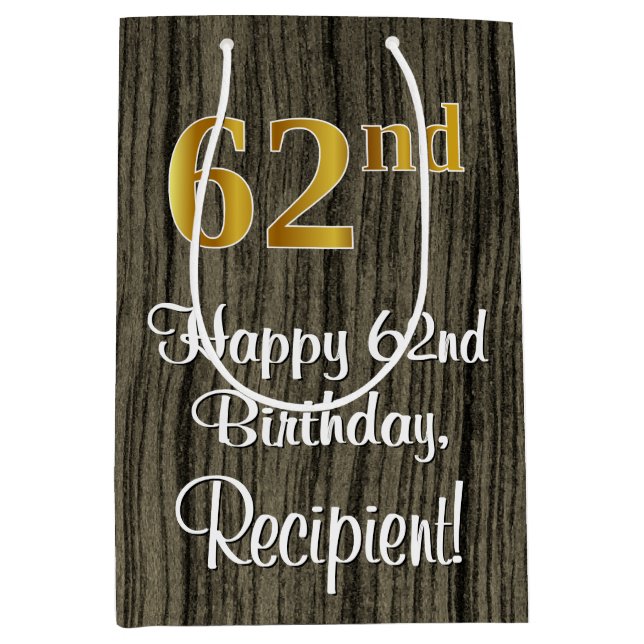 62nd Birthday: Elegant Faux Gold Look #, Faux Wood Medium Gift Bag (Front)