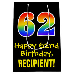 62nd Birthday: Fun, Bold, Colourful, Rainbow "62" Medium Gift Bag
