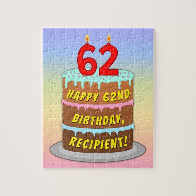 62nd Birthday: Fun Cake and Candles + Custom Name Jigsaw Puzzle (Vertical)