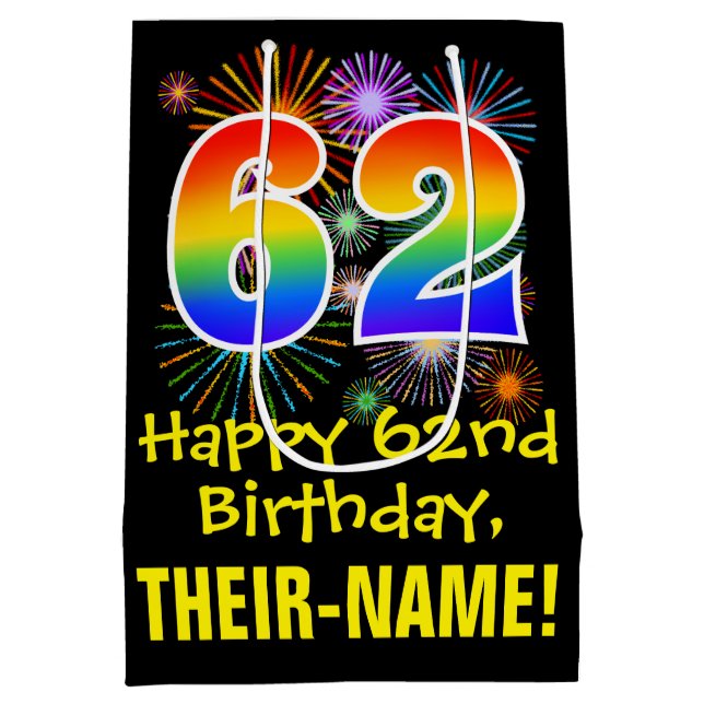 62nd Birthday: Fun Fireworks Pattern + Rainbow 62 Medium Gift Bag (Back)