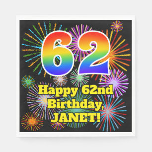 62nd Birthday: Fun Fireworks Pattern + Rainbow 62 Napkin