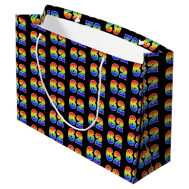 62nd Birthday: Fun Rainbow Event Number 62 Pattern Large Gift Bag (Back Angled)