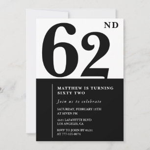 62nd birthday invitations Black and White Elegant
