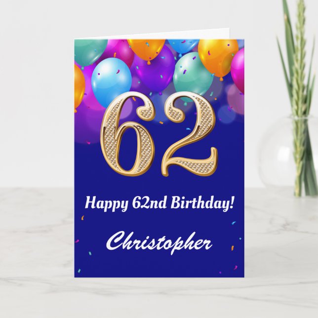 62nd Birthday Navy Blue and Gold Colourful Balloon Card (Front)