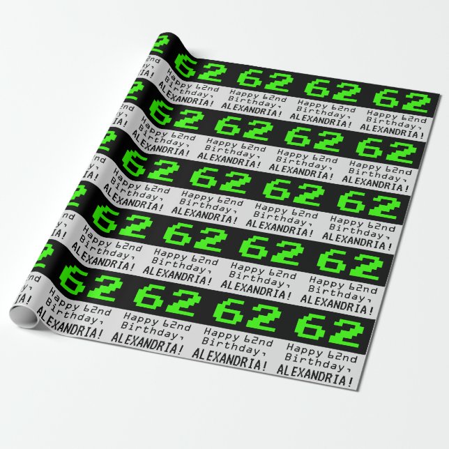 62nd Birthday - Nerdy / Geeky Style "62" and Name Wrapping Paper (Unrolled)