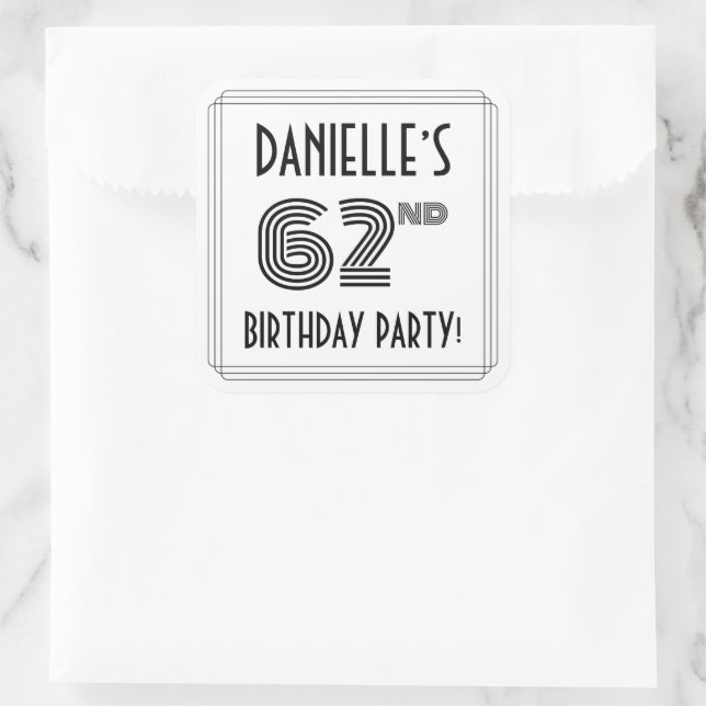 62nd Birthday Party: Art Deco Style + Custom Name Square Sticker (Bag)