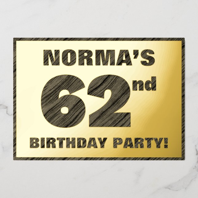 62nd Birthday Party — Bold, Faux Wood Grain Text (Front)