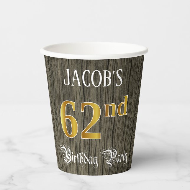 62nd Birthday Party — Faux Gold & Faux Wood Looks Paper Cups (Front)