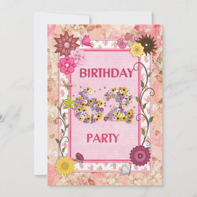 62nd birthday party invitation with floral frame (Front)