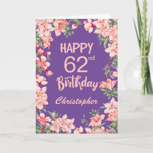 62nd Birthday Purple Pink Peach Watercolor Floral Card (Front)