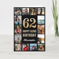 62nd Happy Birthday Black and Gold Photo Collage
