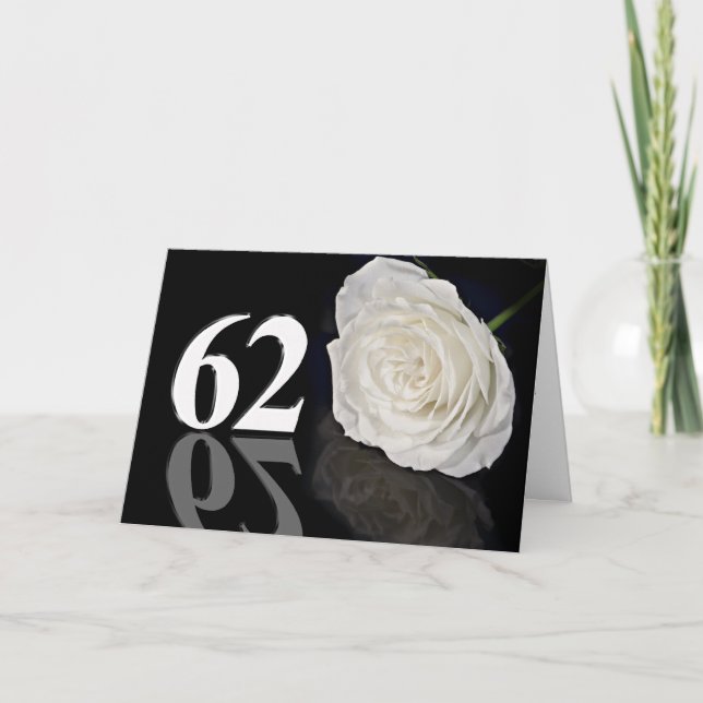 62st Birthday Card with a classic white rose (Front)