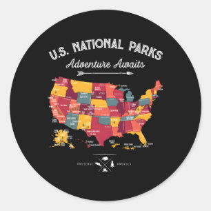 63 National Parks Map Us Park Camg Hiking Classic Round Sticker