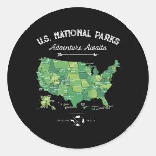 63 National Parks Map Us Park Retro Vintage Campin Classic Round Sticker