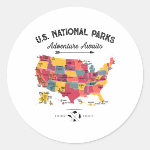 63 National Parks Map Us Park Retro Vintage Campin Classic Round Sticker