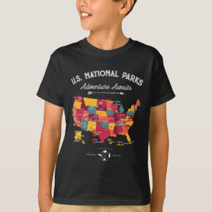 63 National Parks Map Us Park Retro Vintage Campin T-Shirt
