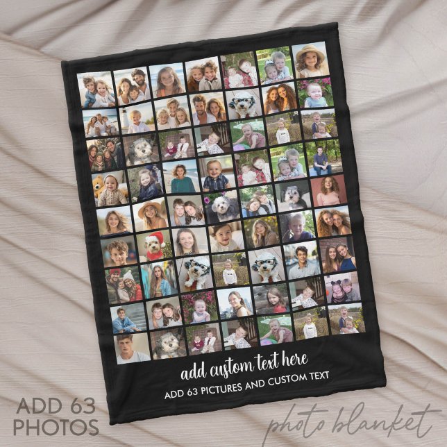 63 Photo Collage Grid - Custom Text - Black Fleece Blanket (Custom Fleece Blanket with Photo Collage)