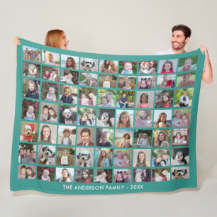 63 Photo Collage Grid with Text - green Fleece Blanket
