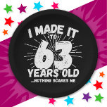 63 Year Old Sarcastic Meme Funny 63rd Birthday Paper Plate<br><div class="desc">This funny 63rd birthday design makes a great sarcastic humour joke or novelty gag gift for a 63 year old birthday theme or surprise 63rd birthday party! Features 'I Made it to 63 Years Old... Nothing Scares Me' funny 63rd birthday meme that will get lots of laughs from family, friends,...</div>