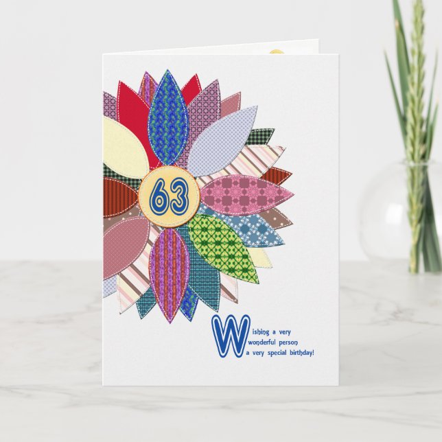 63 years old, stitched flower birthday card (Front)