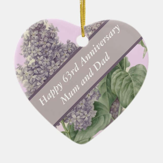 63rd Anniversary Lilac Heart Shaped Ceramic Tree Decoration (Front)