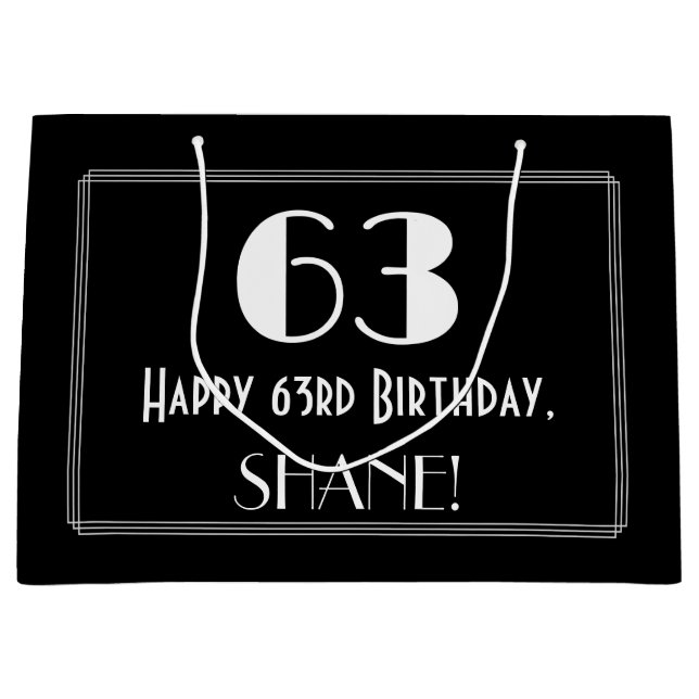 63rd Birthday: Art Deco Inspired Style "63", Name Large Gift Bag (Front)