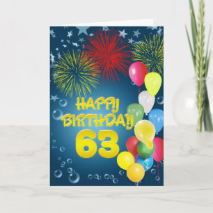 63rd Birthday card with fireworks and balloons
