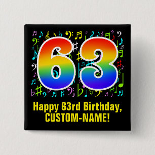 63rd Birthday: Colorful Music Symbols, Rainbow 63 15 Cm Square Badge