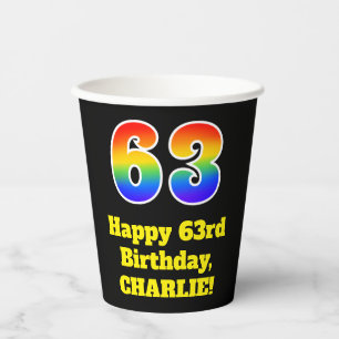 63rd Birthday: Colourful, Fun, Exciting, Rainbow 6 Paper Cups