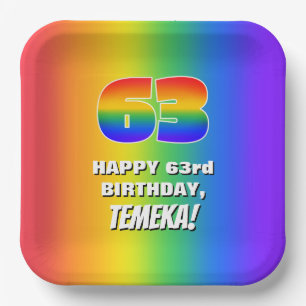 63rd Birthday: Colourful, Fun Rainbow Pattern # 63 Paper Plate