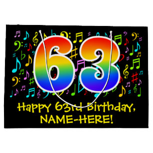 63rd Birthday - Colourful Music Symbols, Rainbow 6 Large Gift Bag