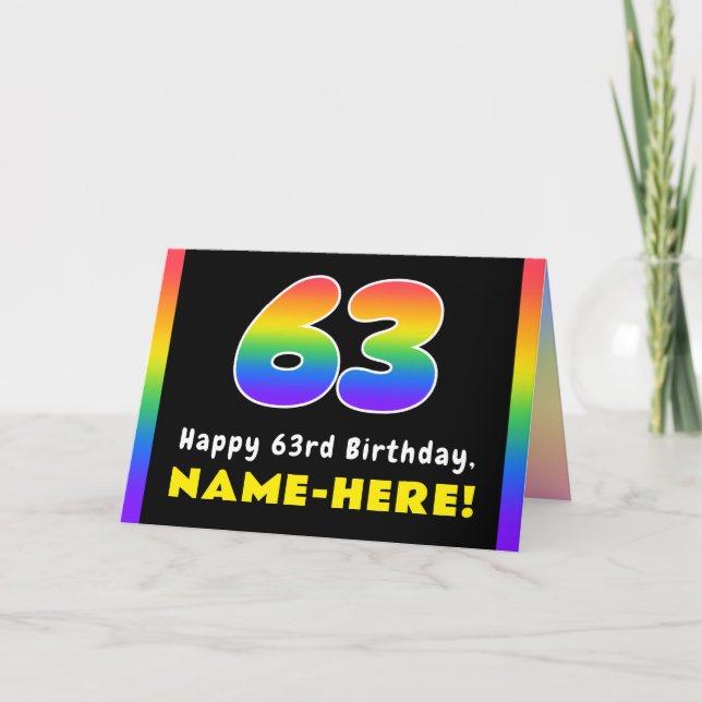 63rd Birthday: Colourful Rainbow # 63, Custom Name Card (Front)