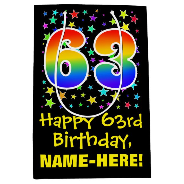 63rd Birthday: Colourful Stars Pattern & Rainbow 6 Medium Gift Bag (Front)